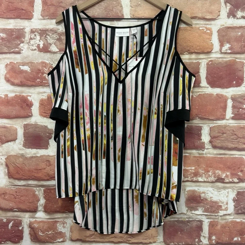 Bisou Bisou Tunic Top Women's M Multicolor Striped Floral Cold Shoulder Shirt - Picture 7 of 9